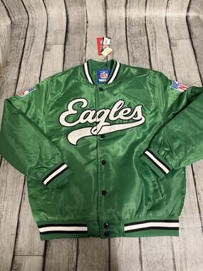 NWT Men’s Ultra Game Philadelphia Eagles Satin Bomber Jacket Kelly Green Sz Med